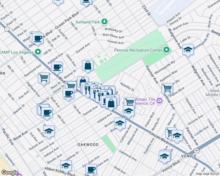 map of restaurants, bars, coffee shops, grocery stores, and more near 915 Sunset Avenue in Los Angeles