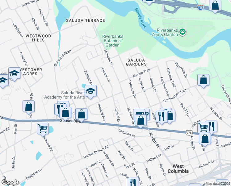 map of restaurants, bars, coffee shops, grocery stores, and more near 1304 Duke Street in West Columbia
