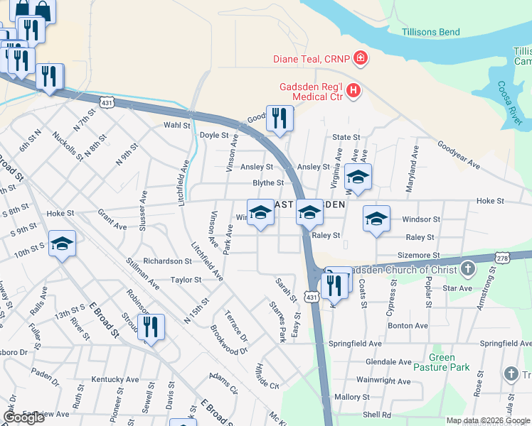 map of restaurants, bars, coffee shops, grocery stores, and more near 704 Windsor Street in Gadsden