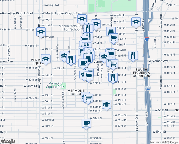 map of restaurants, bars, coffee shops, grocery stores, and more near 4512 1/2 South Vermont Avenue in Los Angeles