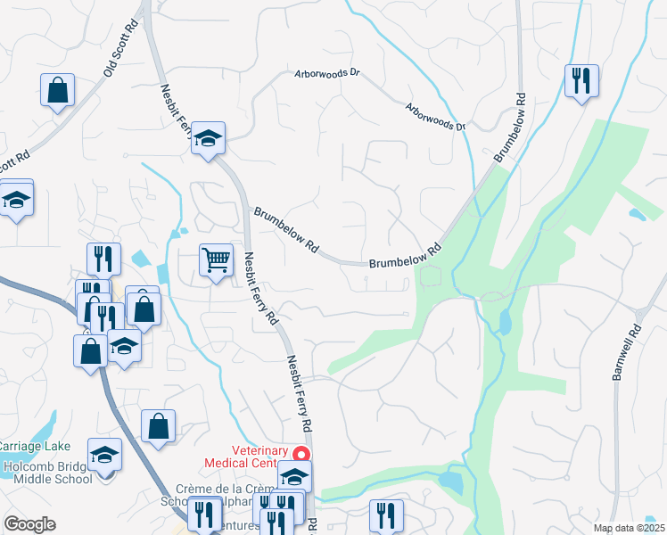 map of restaurants, bars, coffee shops, grocery stores, and more near 3005 Park Chase in Alpharetta