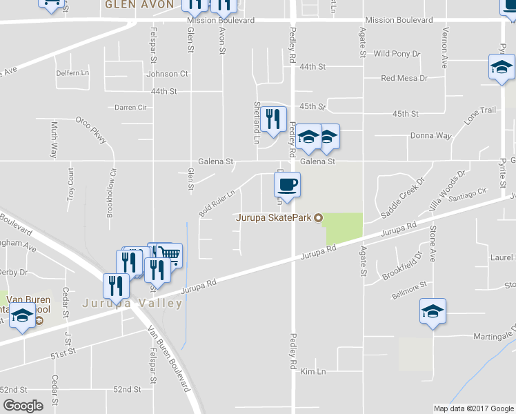 map of restaurants, bars, coffee shops, grocery stores, and more near 4713 Shetland Lane in Riverside