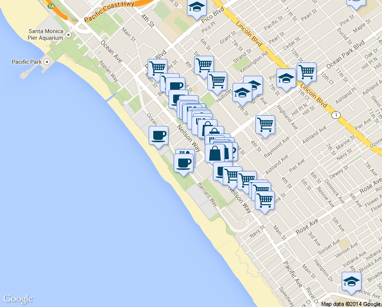 map of restaurants, bars, coffee shops, grocery stores, and more near 147 Fraser Avenue in Santa Monica