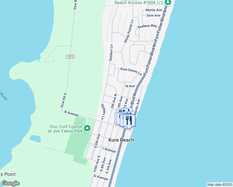 map of restaurants, bars, coffee shops, grocery stores, and more near 314 5th Avenue North in Kure Beach