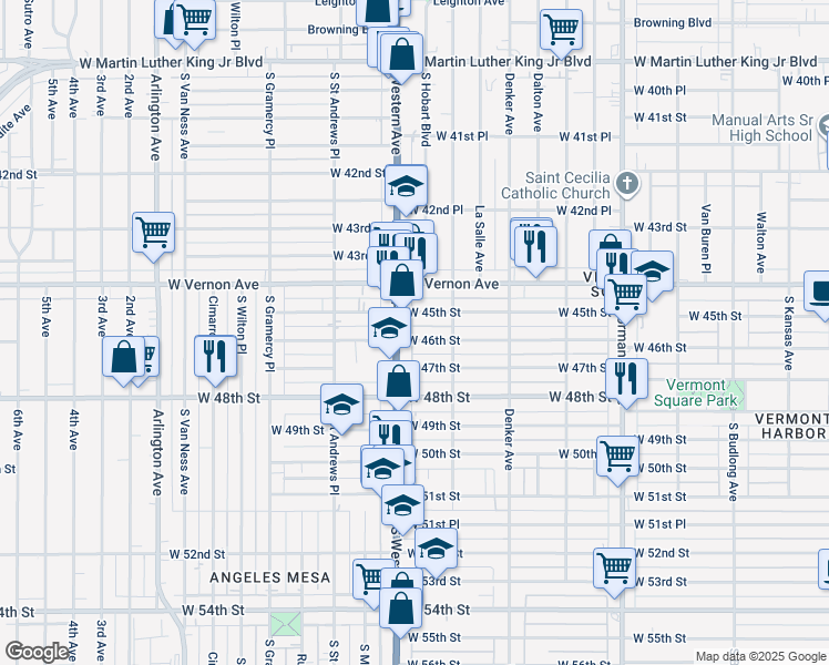 map of restaurants, bars, coffee shops, grocery stores, and more near 1643 West 46th Street in Los Angeles