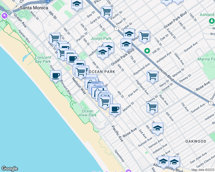 map of restaurants, bars, coffee shops, grocery stores, and more near 2704 Hill Street in Santa Monica