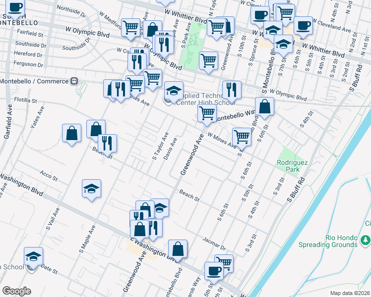 map of restaurants, bars, coffee shops, grocery stores, and more near 644 Carmelita Place in Montebello