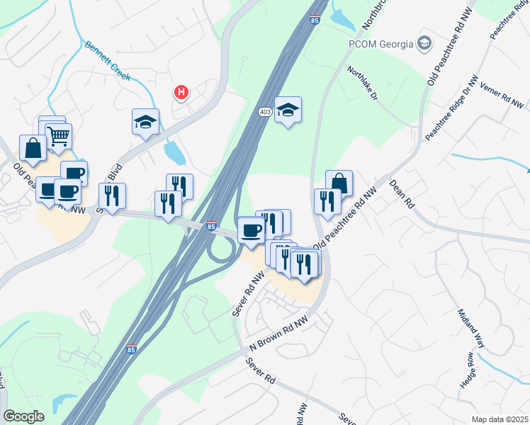 map of restaurants, bars, coffee shops, grocery stores, and more near 1045 Old Peachtree Road Northwest in Suwanee