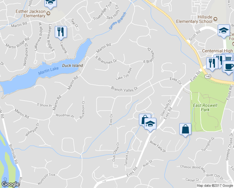 map of restaurants, bars, coffee shops, grocery stores, and more near 9122 Eves Circle in Roswell