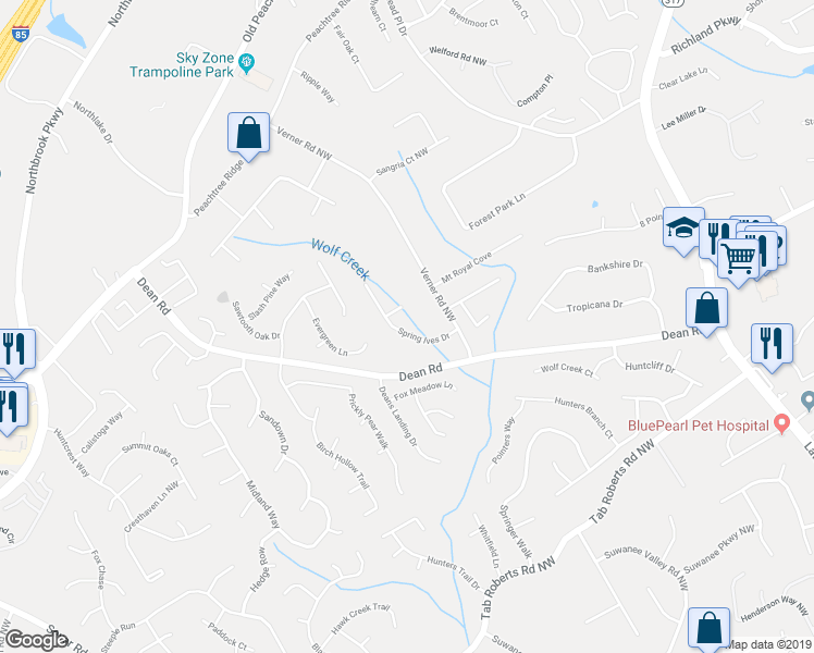 map of restaurants, bars, coffee shops, grocery stores, and more near 955 Spring Ives Drive in Lawrenceville