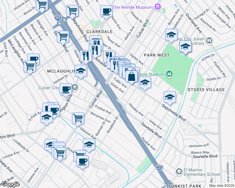 map of restaurants, bars, coffee shops, grocery stores, and more near 4354 Huntley Avenue in Culver City
