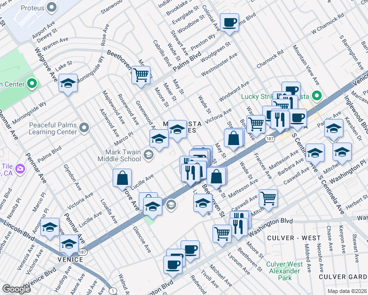 map of restaurants, bars, coffee shops, grocery stores, and more near 3722 Beethoven Street in Los Angeles