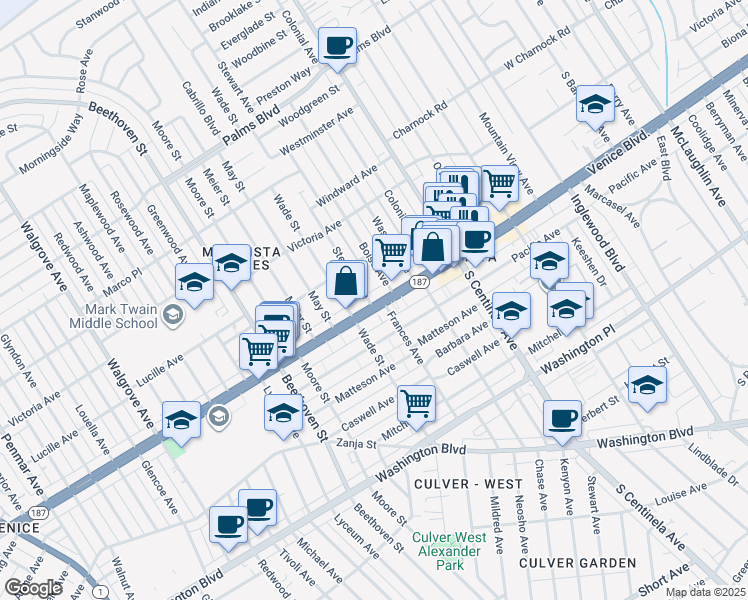 map of restaurants, bars, coffee shops, grocery stores, and more near 12623 Venice Boulevard in Los Angeles