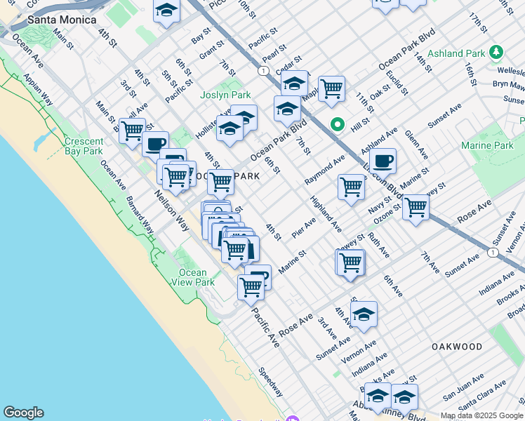 map of restaurants, bars, coffee shops, grocery stores, and more near 420 Raymond Avenue in Santa Monica