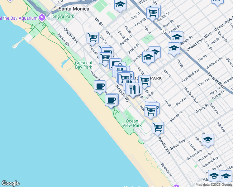 map of restaurants, bars, coffee shops, grocery stores, and more near 157 Ocean Park Boulevard in Santa Monica