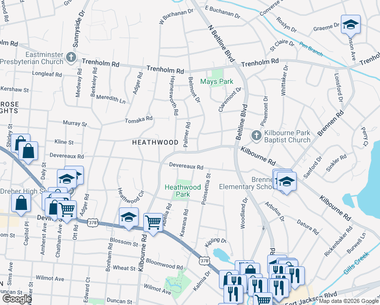 map of restaurants, bars, coffee shops, grocery stores, and more near 3922 Kilbourne Road in Columbia