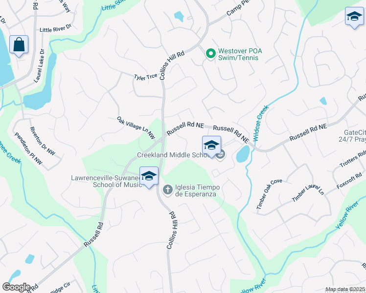 map of restaurants, bars, coffee shops, grocery stores, and more near 1718 Country Park Way in Lawrenceville