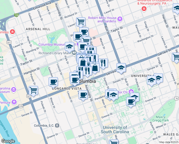 map of restaurants, bars, coffee shops, grocery stores, and more near 1122 Lady Street in Columbia
