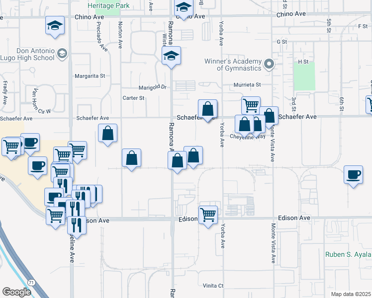 map of restaurants, bars, coffee shops, grocery stores, and more near 13851 Ramona Avenue in Chino