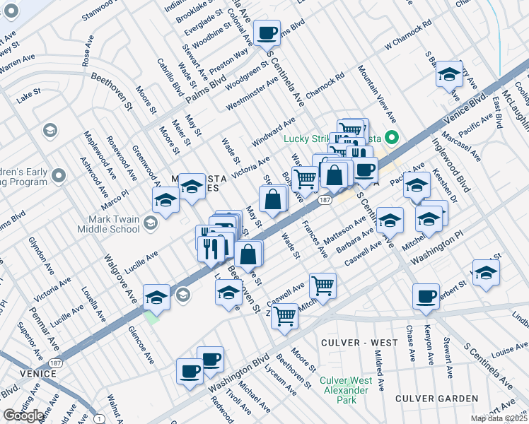 map of restaurants, bars, coffee shops, grocery stores, and more near 3787 Wade Street in Los Angeles
