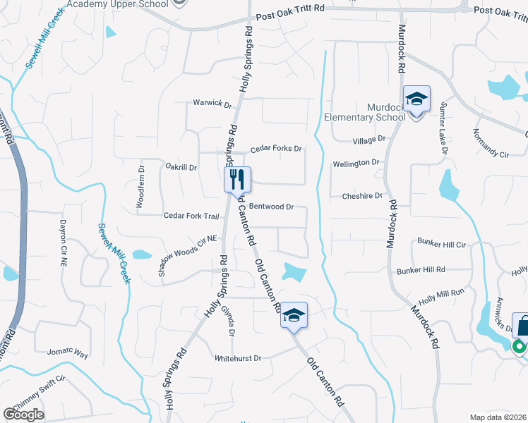 map of restaurants, bars, coffee shops, grocery stores, and more near 2734 Bentwood Drive in Marietta