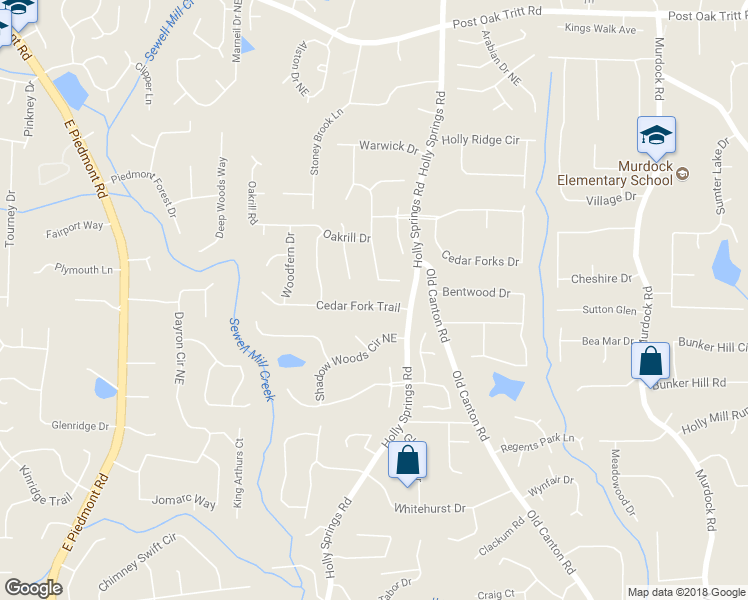 map of restaurants, bars, coffee shops, grocery stores, and more near 2601 Cedar Fork Trail in Marietta