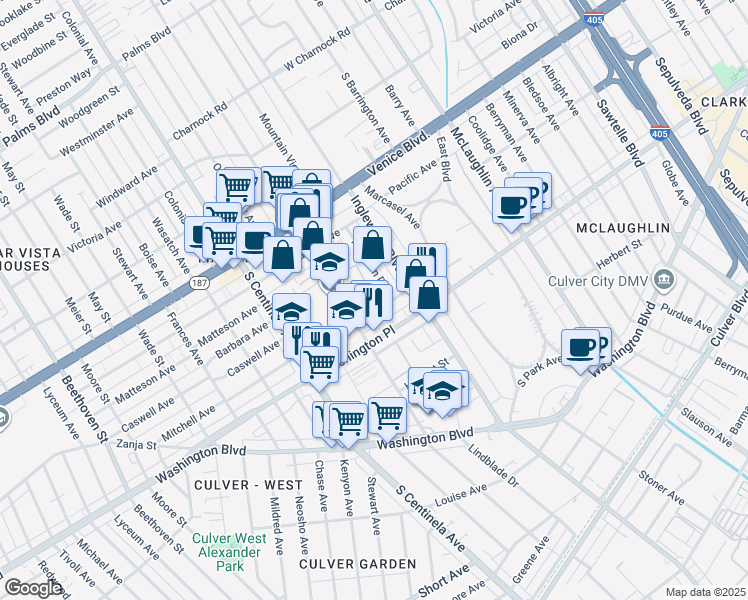 map of restaurants, bars, coffee shops, grocery stores, and more near 12133 Mitchell Avenue in Los Angeles