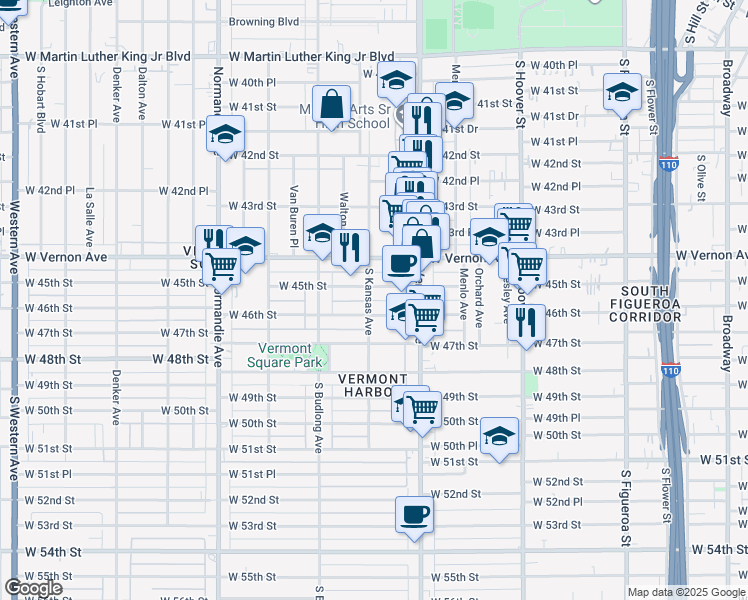 map of restaurants, bars, coffee shops, grocery stores, and more near 4510 South Kansas Avenue in Los Angeles