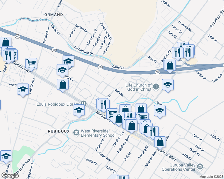 map of restaurants, bars, coffee shops, grocery stores, and more near 5790 36th Street in Riverside