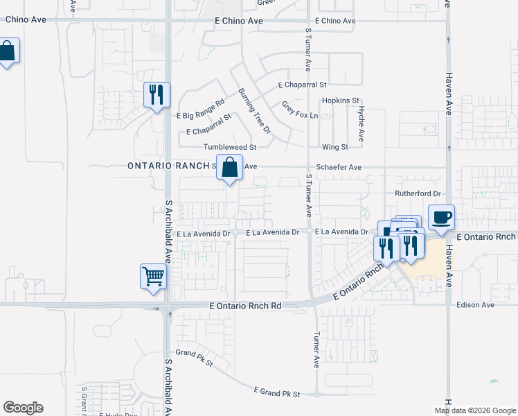 map of restaurants, bars, coffee shops, grocery stores, and more near 13731 South Archibald Avenue in Ontario