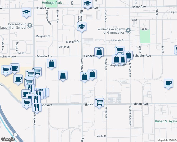 map of restaurants, bars, coffee shops, grocery stores, and more near 13851 Ramona Avenue in Chino
