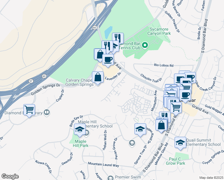 map of restaurants, bars, coffee shops, grocery stores, and more near 868 Sunset Place in Diamond Bar