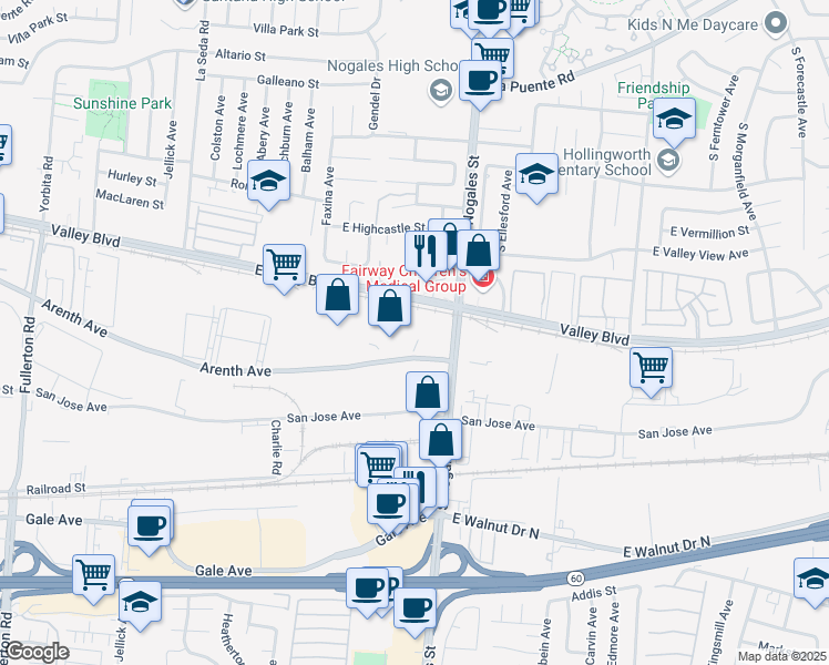 map of restaurants, bars, coffee shops, grocery stores, and more near 18971 Arenth Avenue in City of Industry