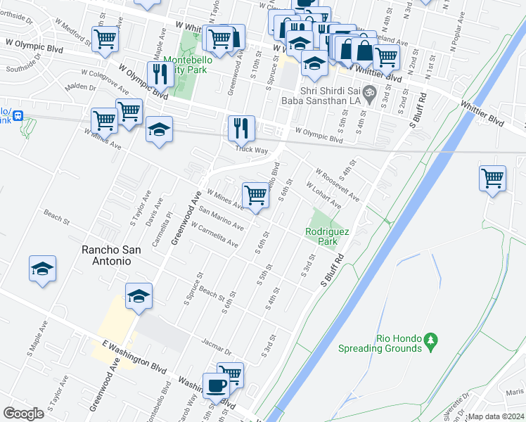 map of restaurants, bars, coffee shops, grocery stores, and more near 555 South 6th Street in Montebello