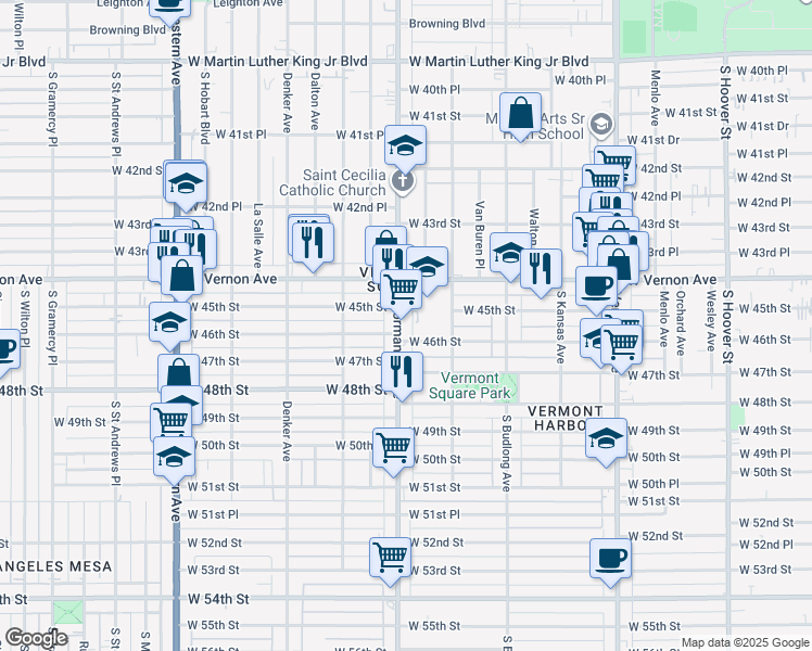 map of restaurants, bars, coffee shops, grocery stores, and more near 4527 Normandie Avenue in Los Angeles