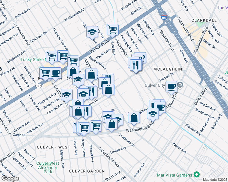 map of restaurants, bars, coffee shops, grocery stores, and more near 11960 Washington Place in Los Angeles