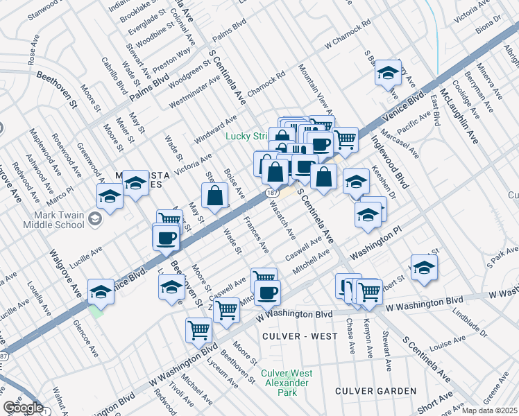map of restaurants, bars, coffee shops, grocery stores, and more near 12518 Venice Boulevard in Los Angeles