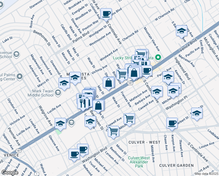 map of restaurants, bars, coffee shops, grocery stores, and more near 3787 Wade Street in Los Angeles