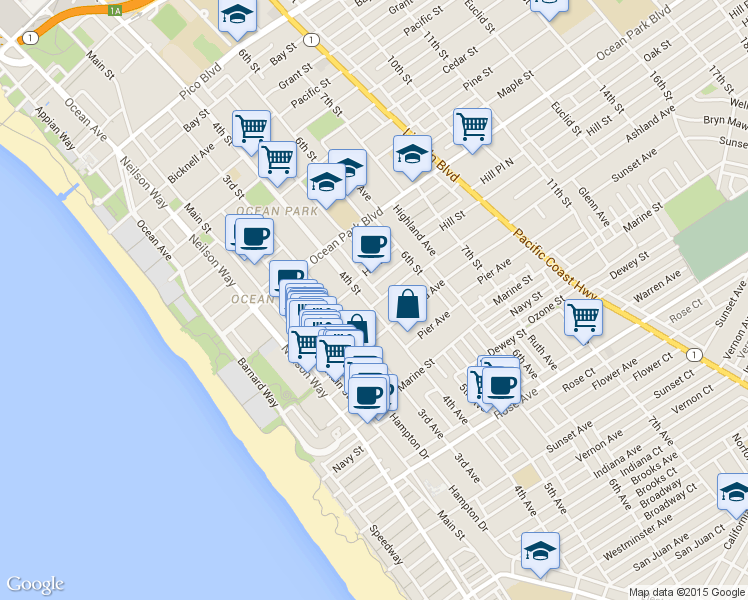map of restaurants, bars, coffee shops, grocery stores, and more near 420 Raymond Avenue in Santa Monica