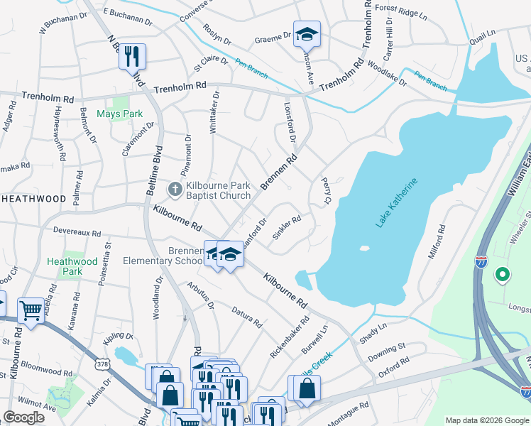 map of restaurants, bars, coffee shops, grocery stores, and more near 1325 Sanford Drive in Columbia