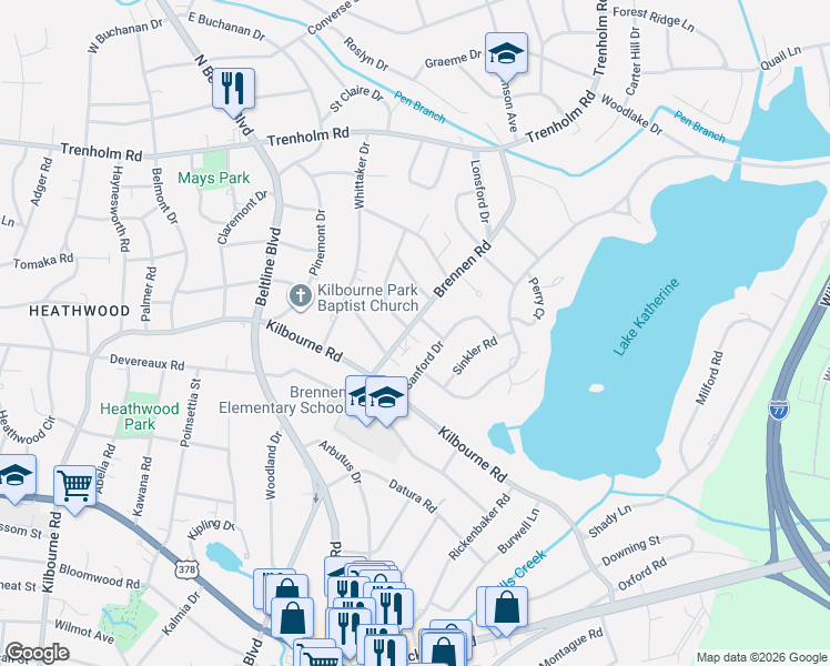 map of restaurants, bars, coffee shops, grocery stores, and more near 1325 Sanford Drive in Columbia