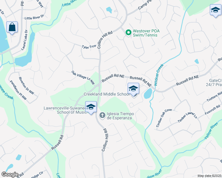map of restaurants, bars, coffee shops, grocery stores, and more near 1718 Country Park Way in Lawrenceville