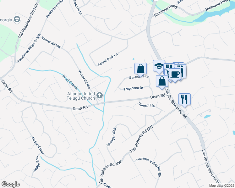 map of restaurants, bars, coffee shops, grocery stores, and more near 798 Bankshire Drive in Suwanee