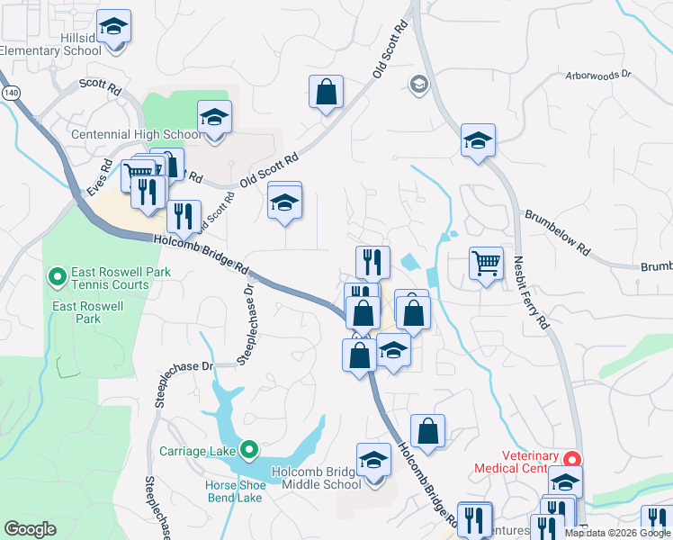 map of restaurants, bars, coffee shops, grocery stores, and more near 1048 Township Square in Alpharetta