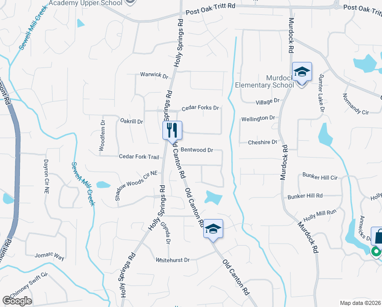 map of restaurants, bars, coffee shops, grocery stores, and more near 2734 Bentwood Drive in Marietta