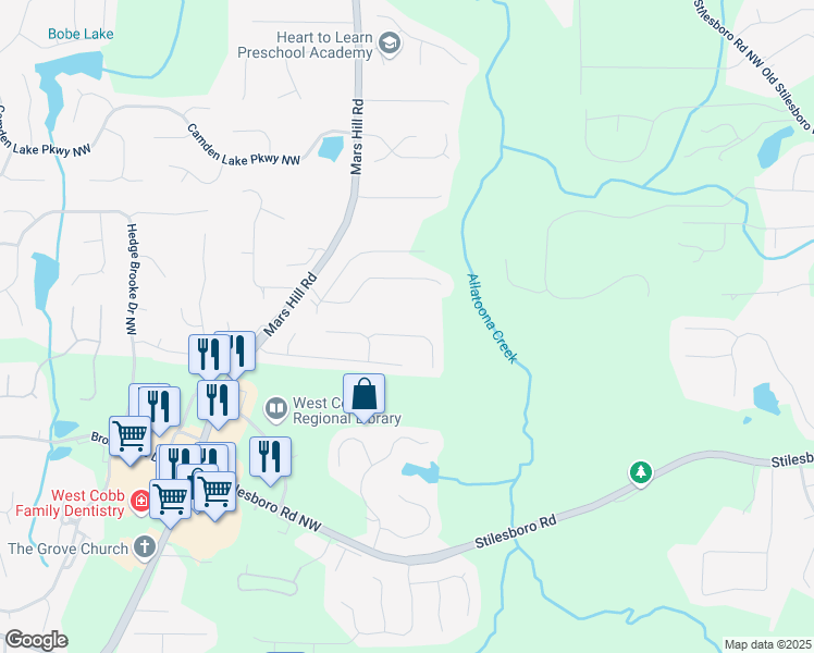 map of restaurants, bars, coffee shops, grocery stores, and more near 4970 Newpark Lane Northwest in Acworth