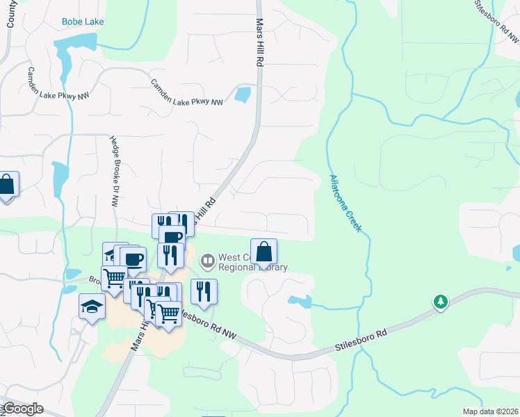 map of restaurants, bars, coffee shops, grocery stores, and more near 1930 Newpark Way Northwest in Acworth