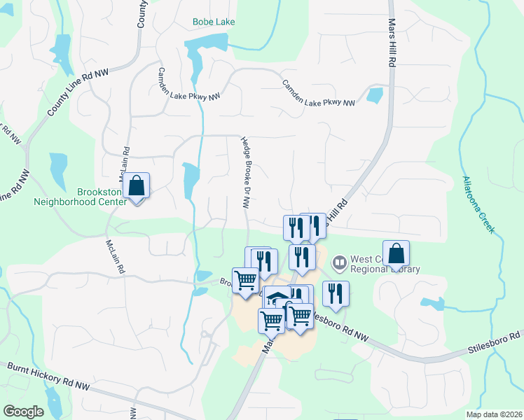 map of restaurants, bars, coffee shops, grocery stores, and more near 1953 Haydenbrook Cove Northwest in Acworth