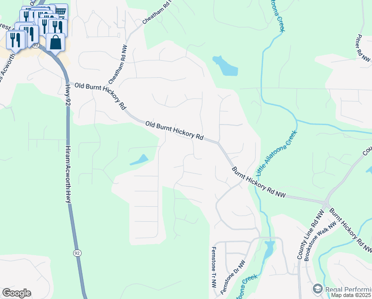 map of restaurants, bars, coffee shops, grocery stores, and more near 26 Broadstone Boulevard in Acworth