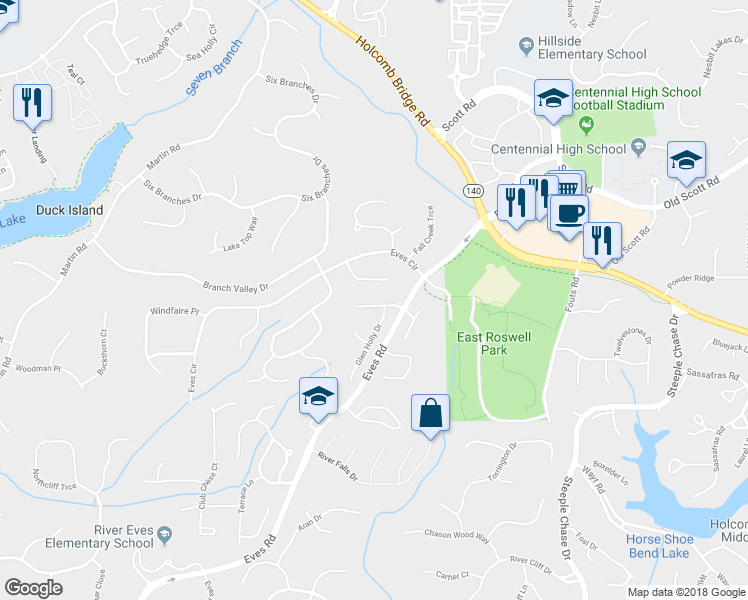 map of restaurants, bars, coffee shops, grocery stores, and more near 1970 Glen Eves Drive in Roswell